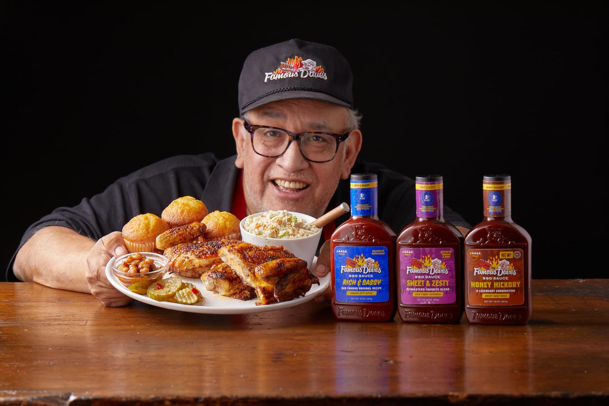Grilled ribs with Famous Dave's Sweet & Zesty glaze.
