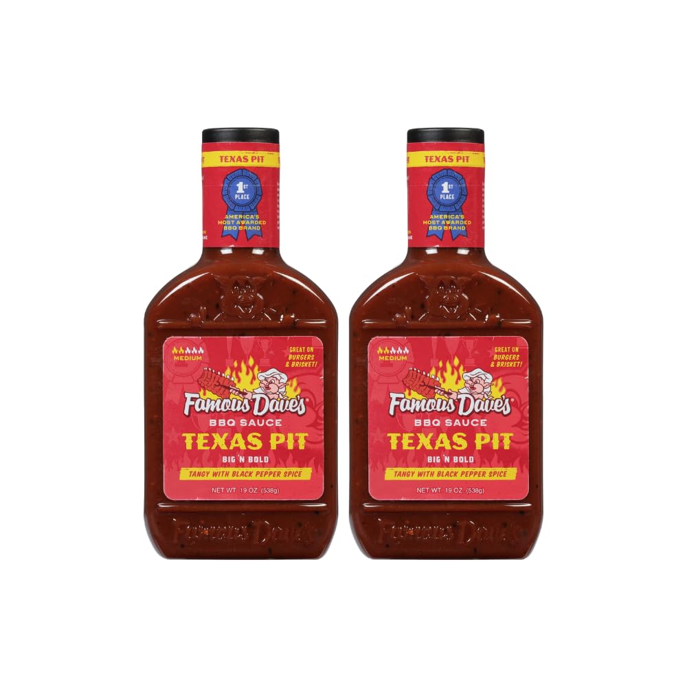 Famous Dave's Texas Pit BBQ Sauce 2-pack bottles glaze ribs with bold flavor.