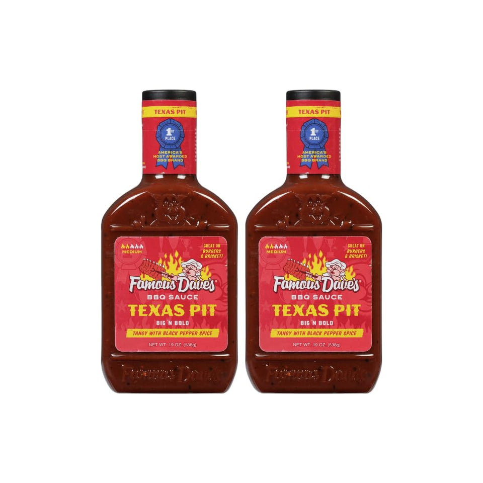 Famous Dave's Texas Pit BBQ Sauce 2-pack bottles glaze ribs with bold flavor.