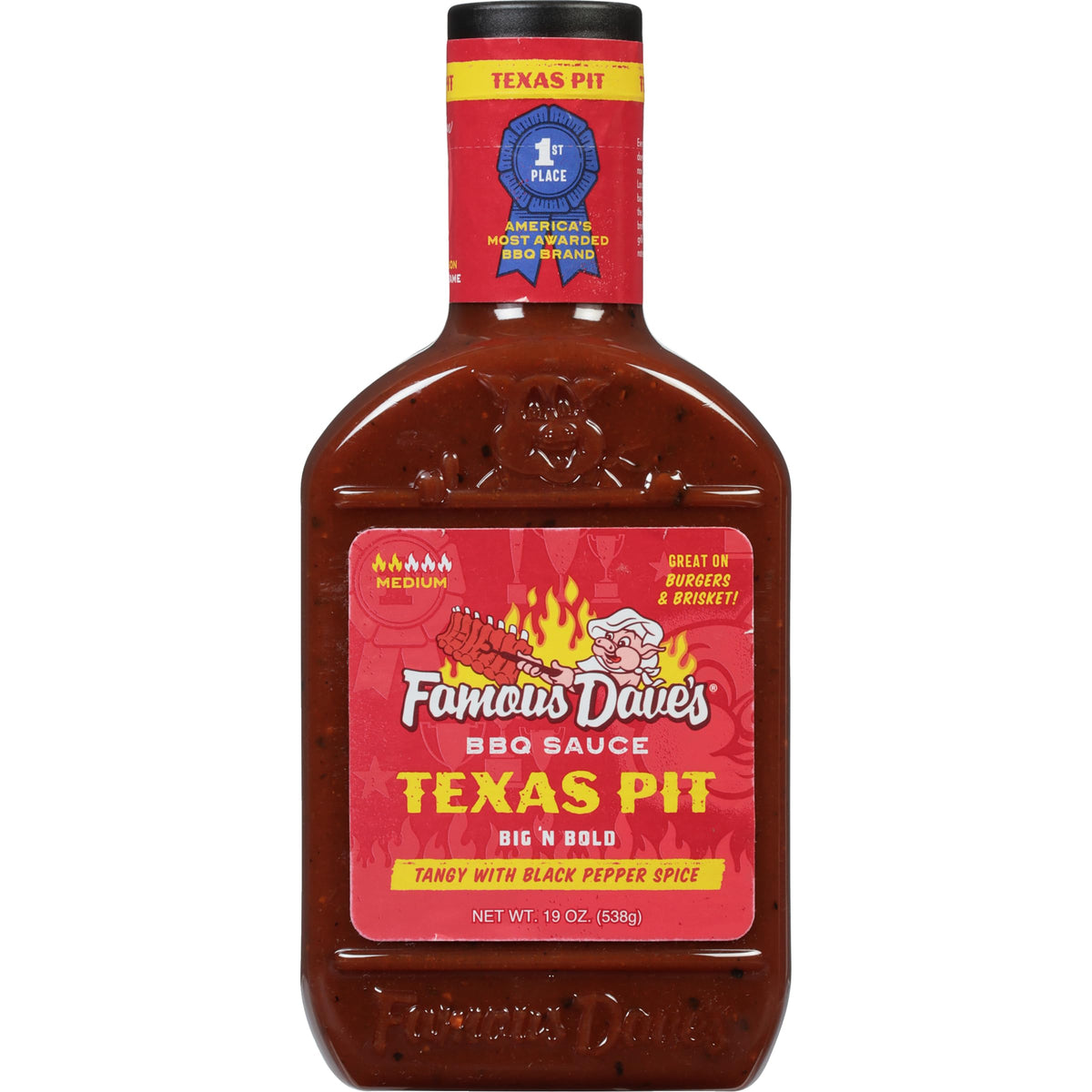 Famous Dave’s Texas Pit BBQ sauce bottle for ribs and burgers