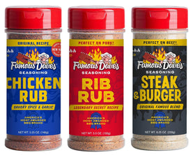 Famous Dave's Variety 3-Pack front packaging enhances beef and barbecue flavor
