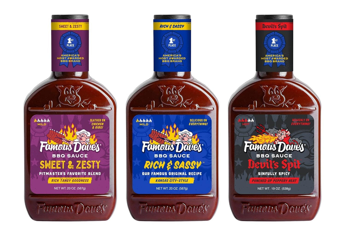 Famous Dave's Devil's Spit bottle in a display boosts bold grilling flavor.