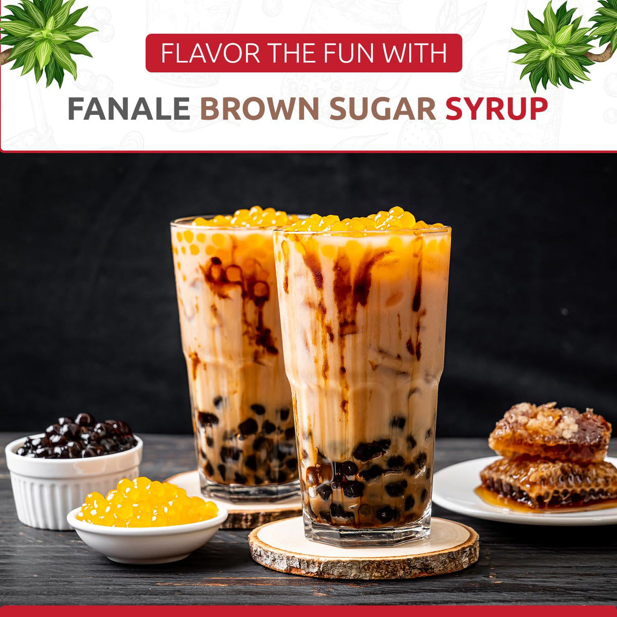 Syrup bottle beside coffee and dessert, illustrating versatile use