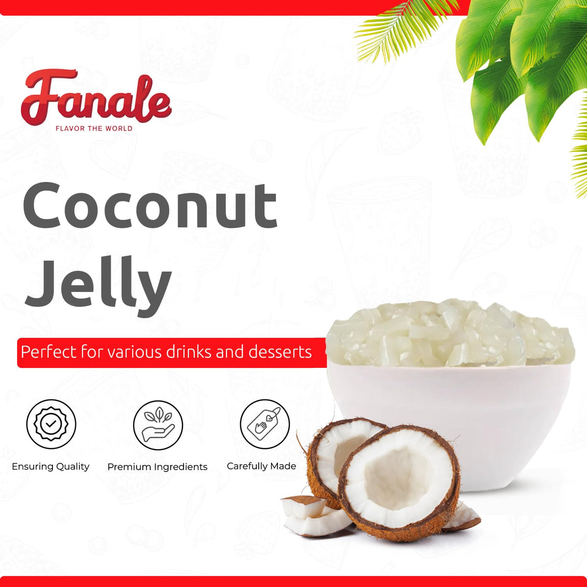 Fanale coconut jelly topping enhances desserts with creamy richness and visual appeal.