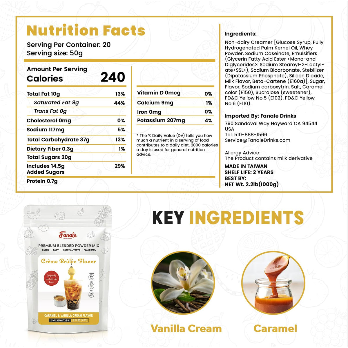 Fanale Creme Brulee powder in resealable bag preserves freshness for baking.