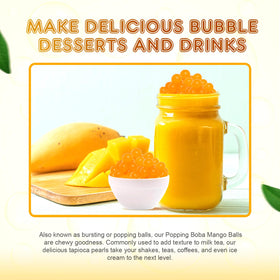 Chewy skin and mango center burst with every bite of Fanale boba pearls