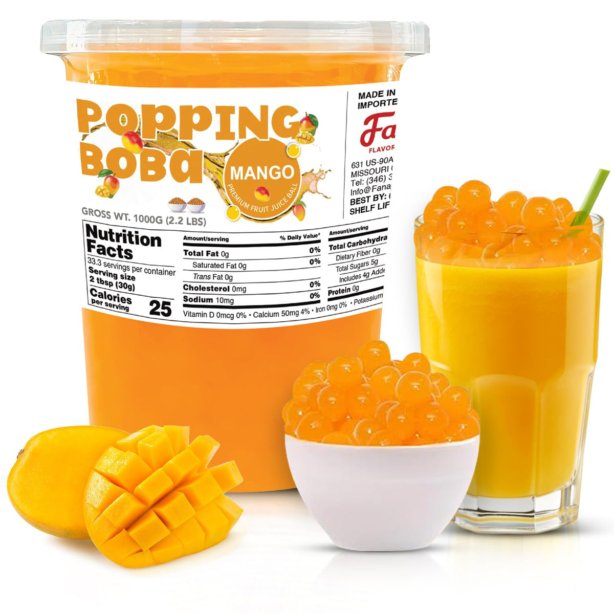 Fanale Mango Popping Boba Pearls packaging shows convenient, ready-to-eat topping