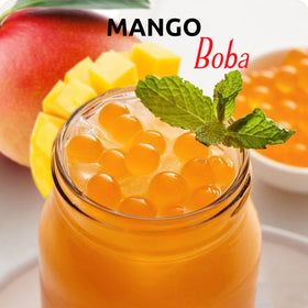 Fanale Mango Popping Boba Pearls close-up shows chewy skin and juicy center