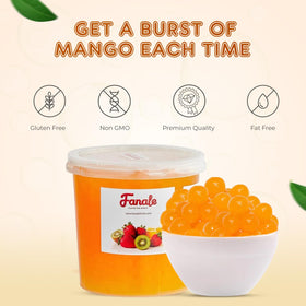 Vegan non GMO gluten free label on Fanale mango boba packaging