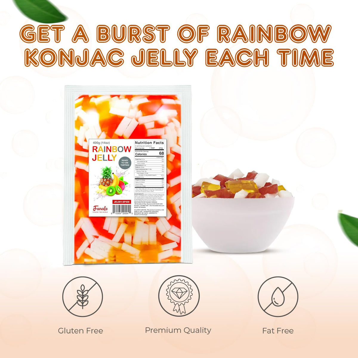 Fanale Rainbow Konjac Jelly Topping adds vibrant layers to smoothies and desserts.