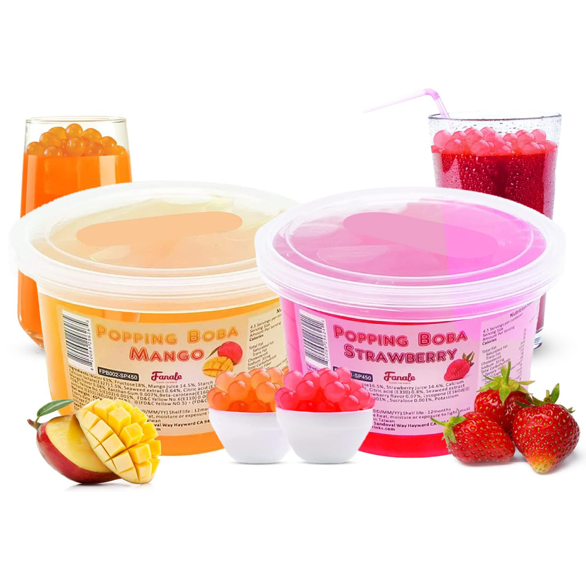 Fanale strawberry mango popping boba pearls ready to eat for bubble tea.