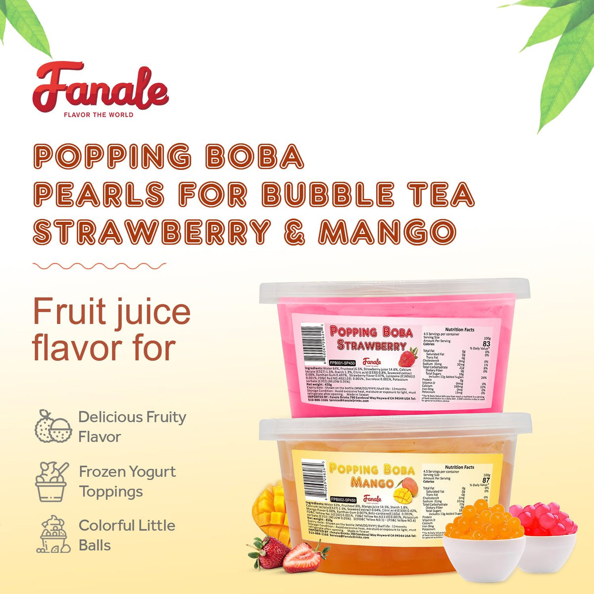 Fanale Strawberry Mango popping boba pearls are vegan, non-GMO, gluten-free.