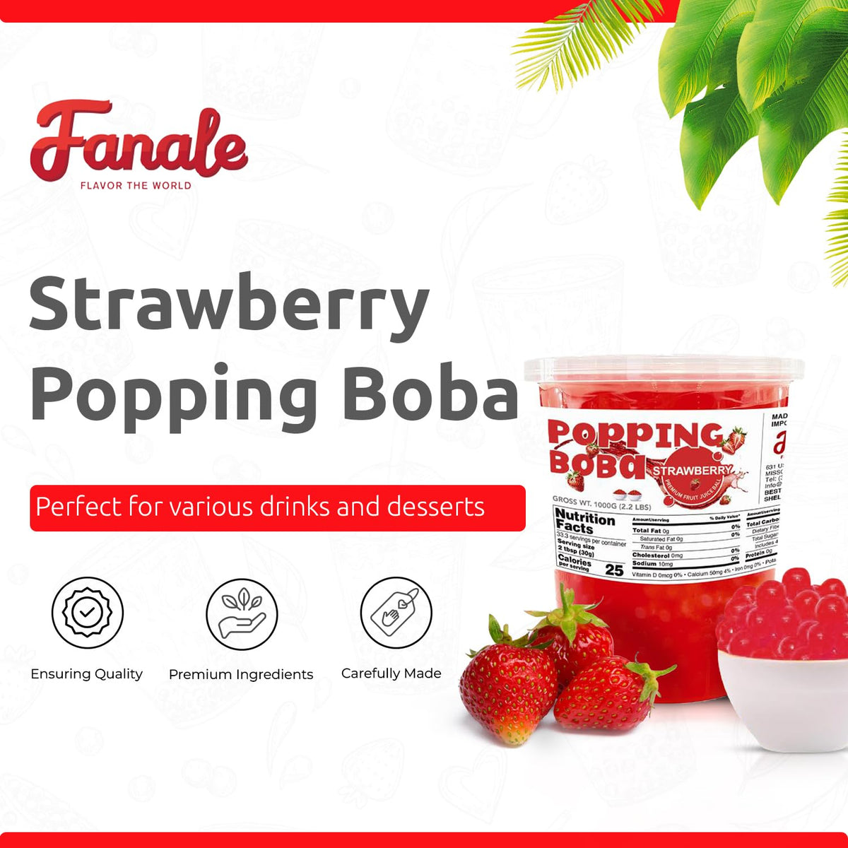 Fanale Boba Pearls topping for bubble tea with fruity strawberry flavor.