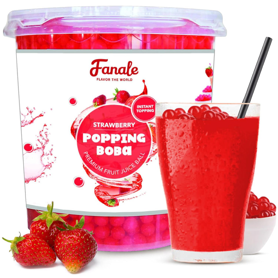 Fanale Strawberry popping boba pearls closeup, adds vibrant flavor to drinks.
