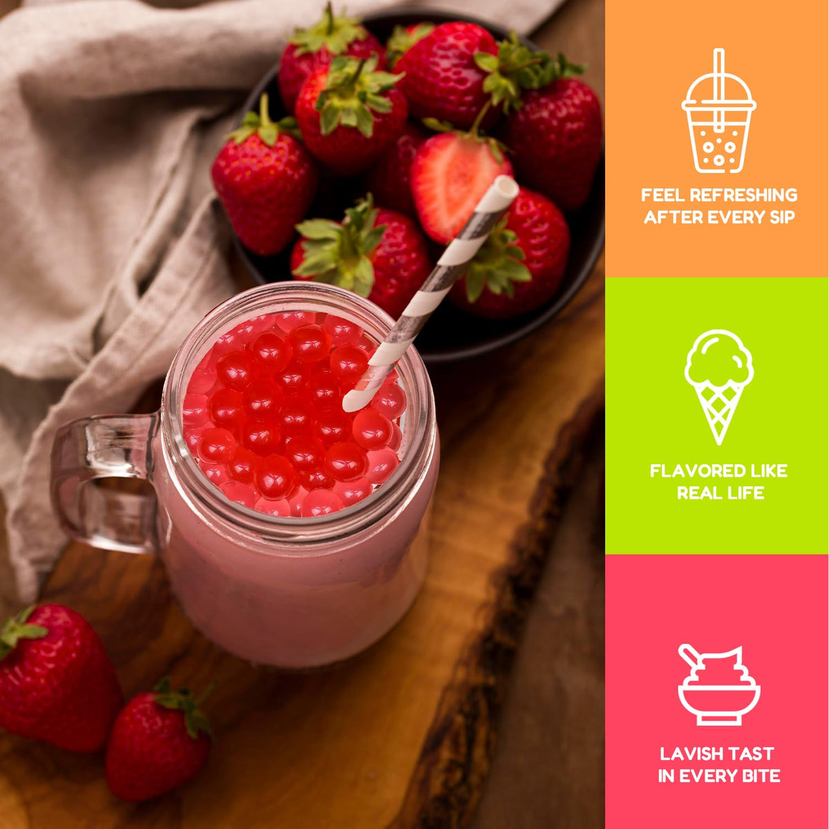 Fanale Strawberry popping boba pearls in dessert cup, for a chewy, flavorful bite.