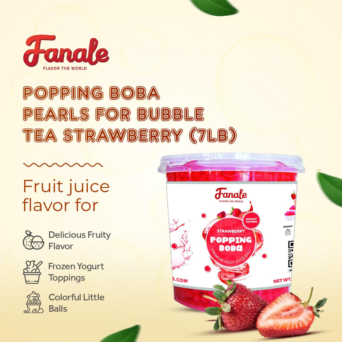 Fanale Strawberry popping boba pearls in a glass, perfect for bubble tea.