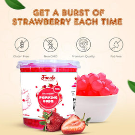Fanale popping boba pearls on ice cream, adding juicy strawberry bursts.
