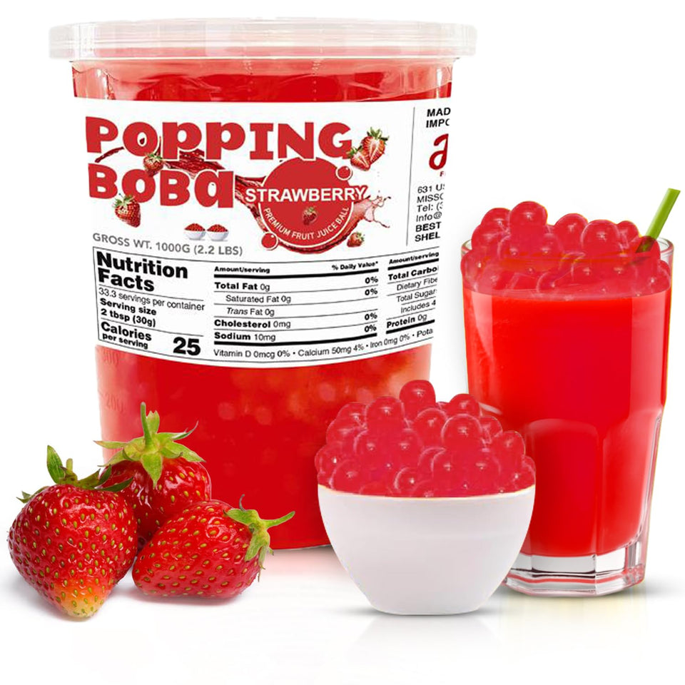 Fanale Strawberry Popping Boba Pearls, ready to eat, ideal for desserts and drinks.