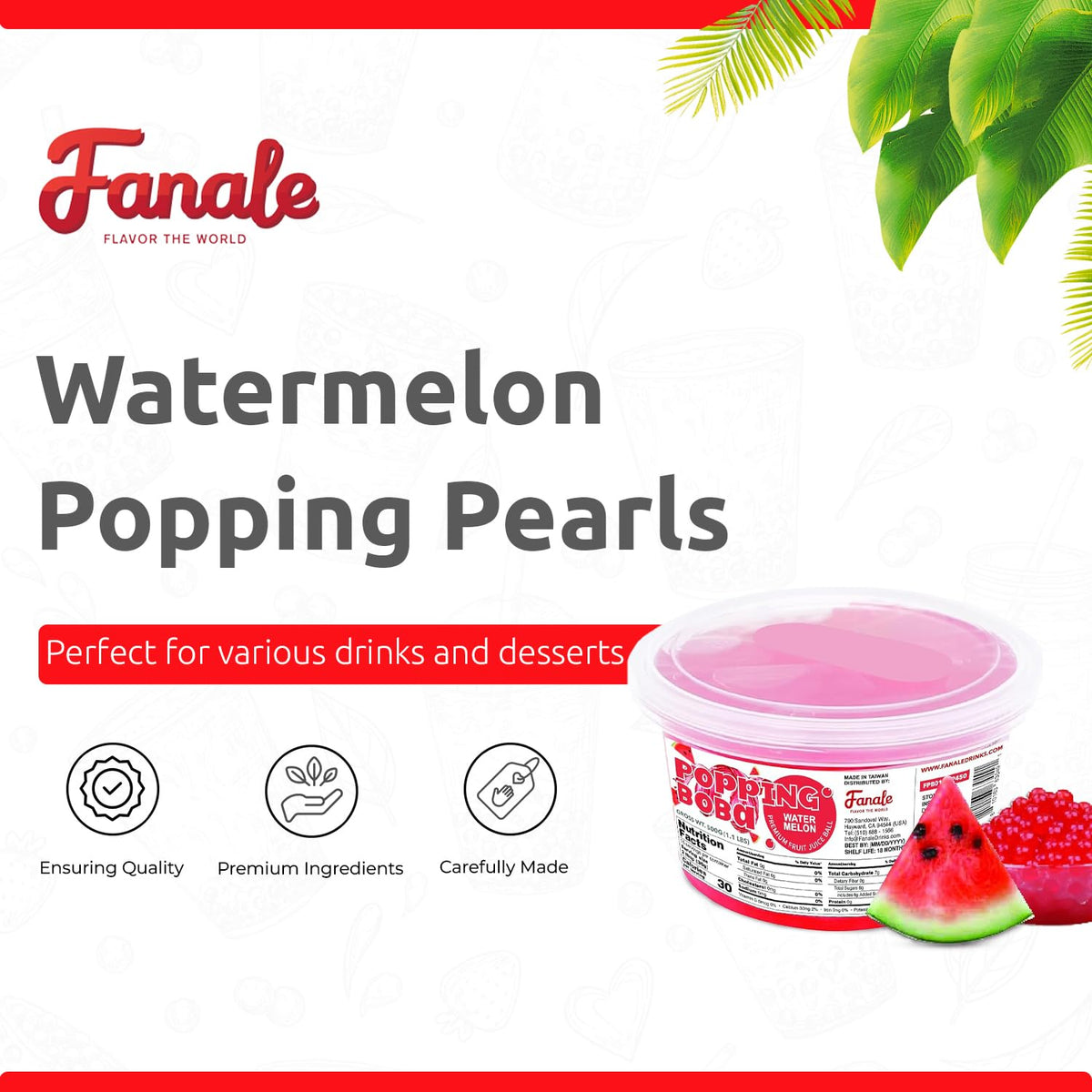 Fanale Watermelon Popping Boba Pearls close-up reveals chewy skin and juicy filling.