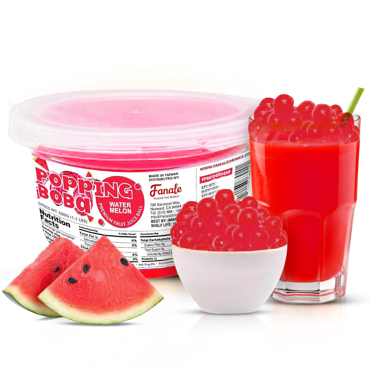 Fanale Watermelon Popping Boba Pearls packaging highlights ready-to-eat convenience.