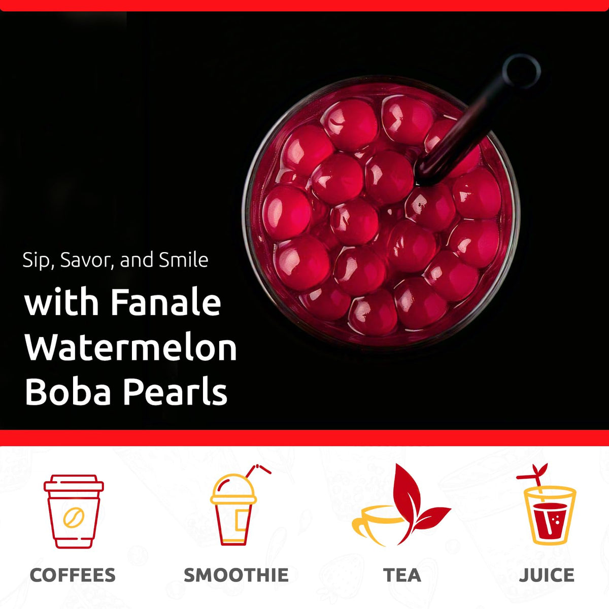 Fanale Watermelon Popping Boba Pearls smoothie topping adds fruity texture.