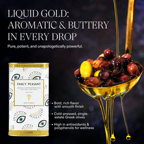 Fancy Peasant cold-pressed EVOO bottle highlighting premium Greek flavor for daily cooking.