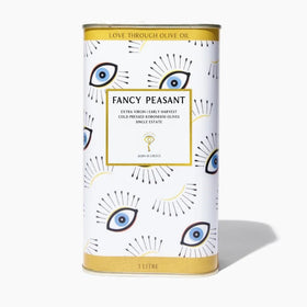 Fancy Peasant Everything Olive Oil 1L tin on the counter, ideal for dipping.