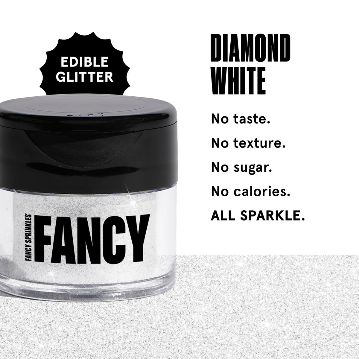 Fancy Sprinkles Diamond White glitter dusted on a dessert for shimmer