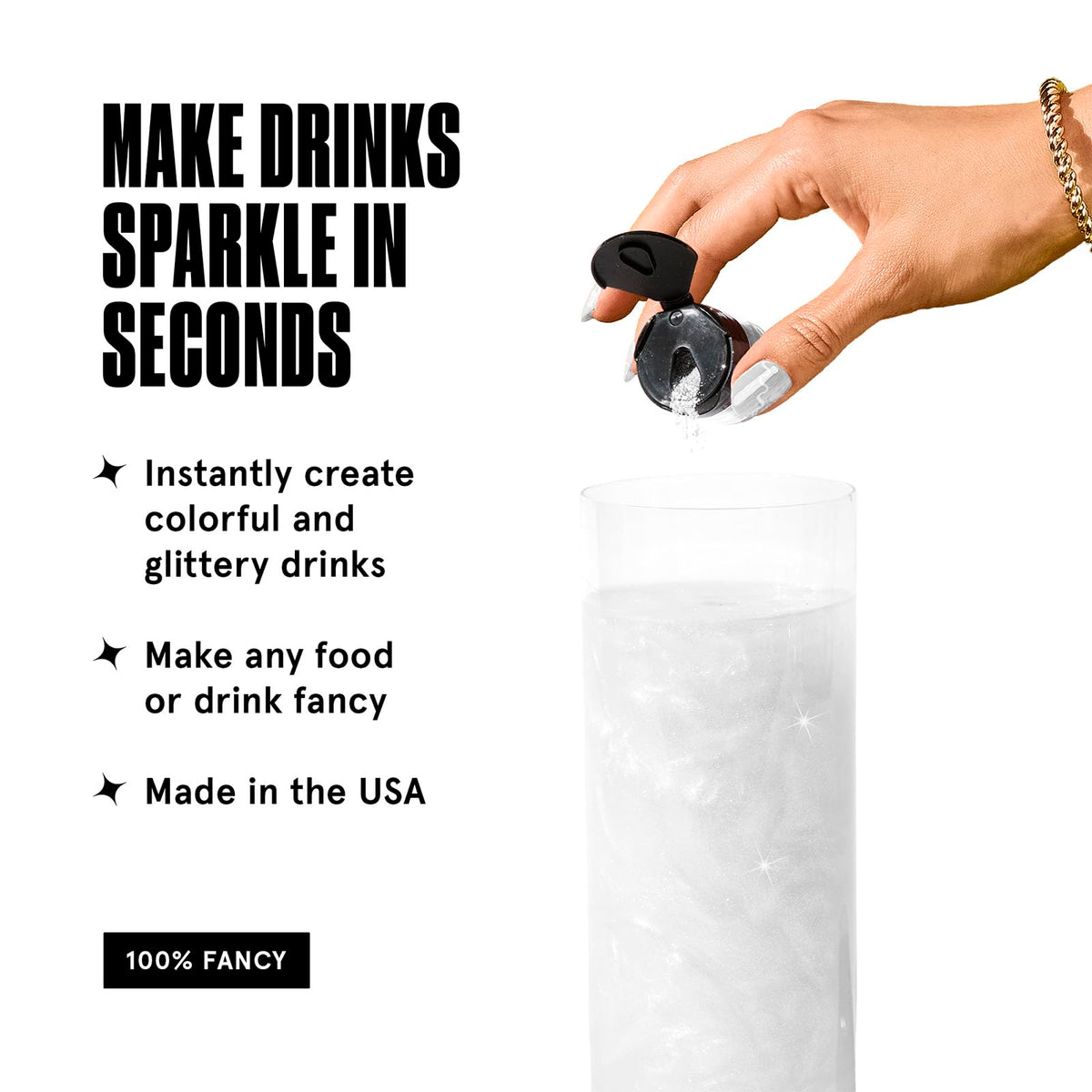 Fancy Sprinkles Diamond White glitter sprinkled into a drink for prismatic glow