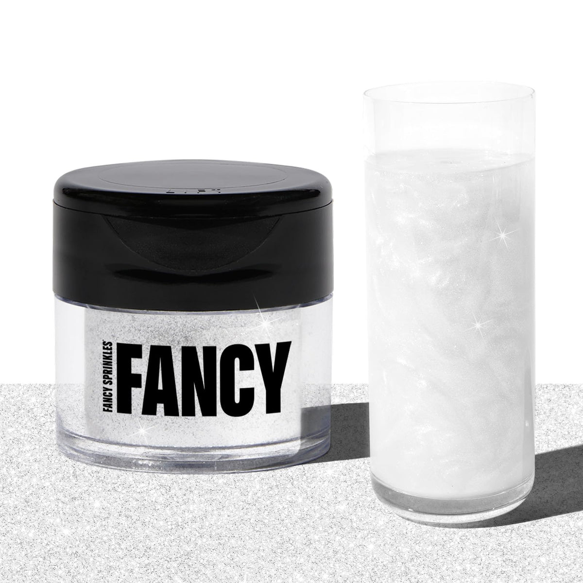 Fancy Sprinkles Diamond White edible glitter jar front for sparkling desserts