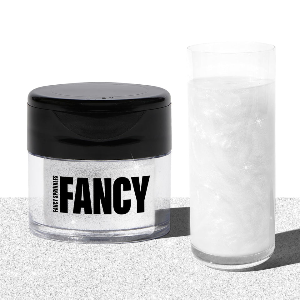 Fancy Sprinkles Diamond White edible glitter jar front for sparkling desserts