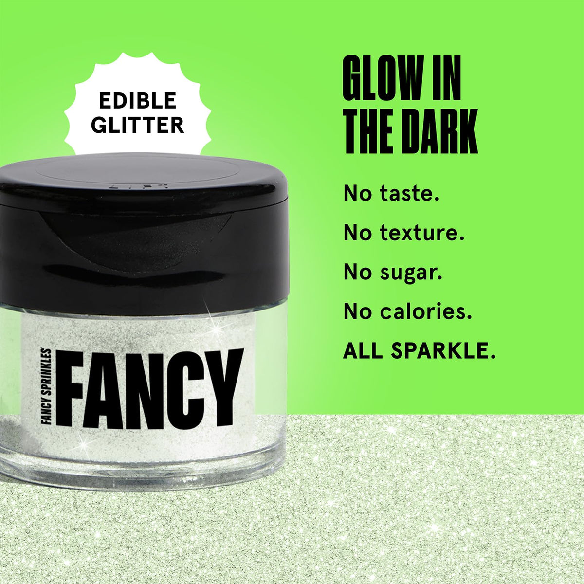Fancy Sprinkles Glow Worm Green glitter dessert topping creates prismatic sweetness.