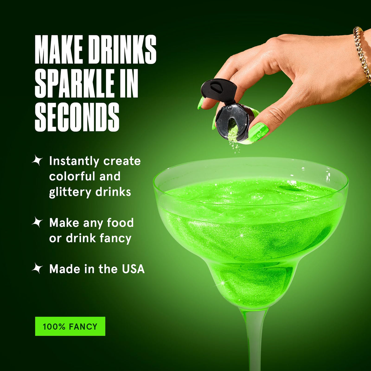 Fancy Sprinkles Glow Worm Green glitter glass enhances desserts with sparkly appeal.