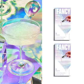 Fancy Sprinkles Moonstone glitter in glass delivers eye catching glow on cocktails