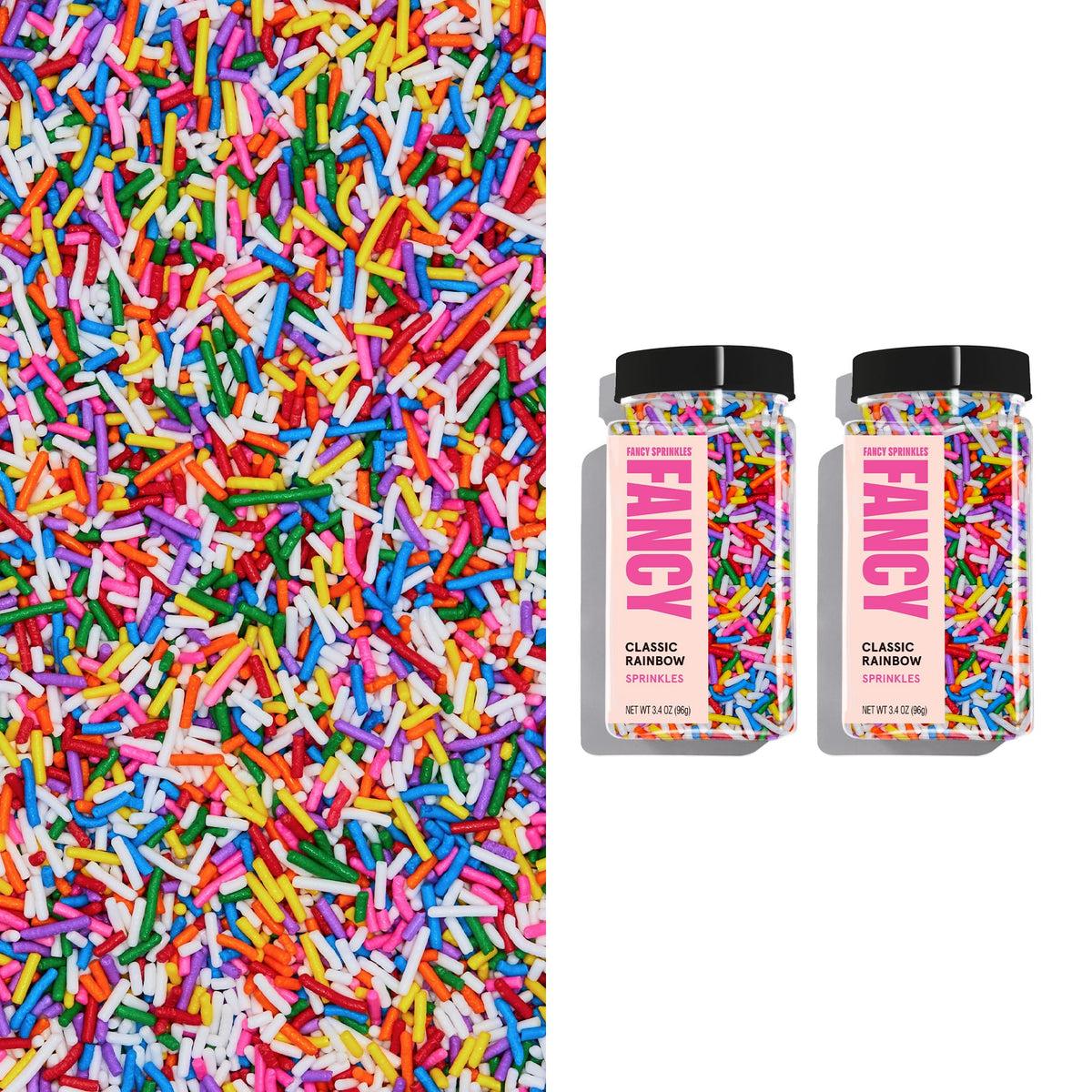 Fancy Sprinkles rainbow jimmies on ice cream for crisp texture and color.