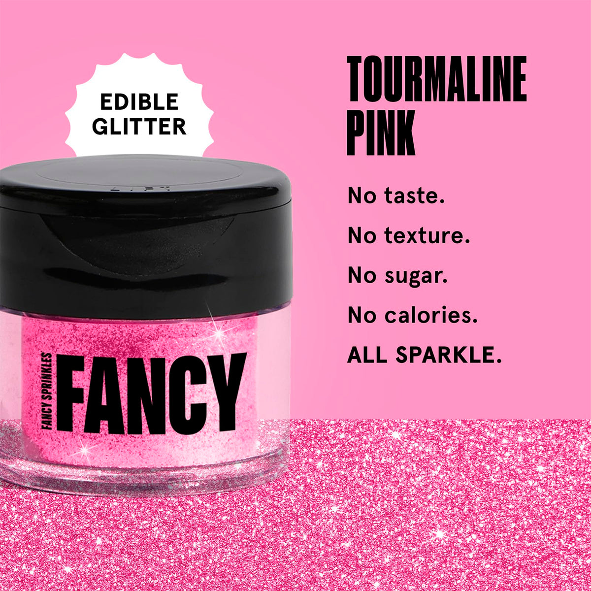 Fancy Sprinkles Tourmaline Pink glitter on a cocktail glass for shimmer without taste