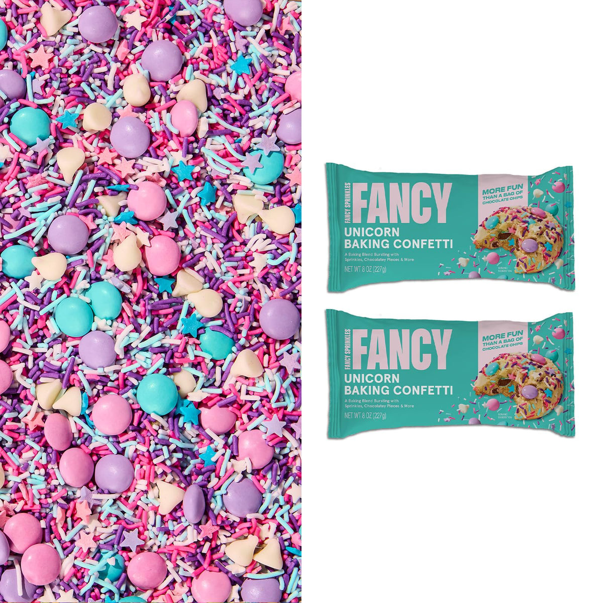 Fancy Sprinkles Unicorn Baking Confetti bag open shows vibrant sprinkles for cakes and cookies.