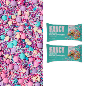 Fancy Sprinkles Unicorn Baking Confetti bag open shows vibrant sprinkles for cakes and cookies.