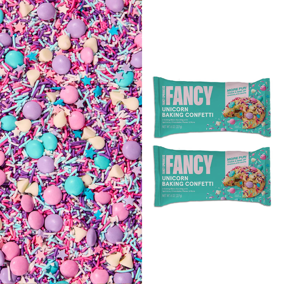 Fancy Sprinkles Unicorn Baking Confetti bag open shows vibrant sprinkles for cakes and cookies.