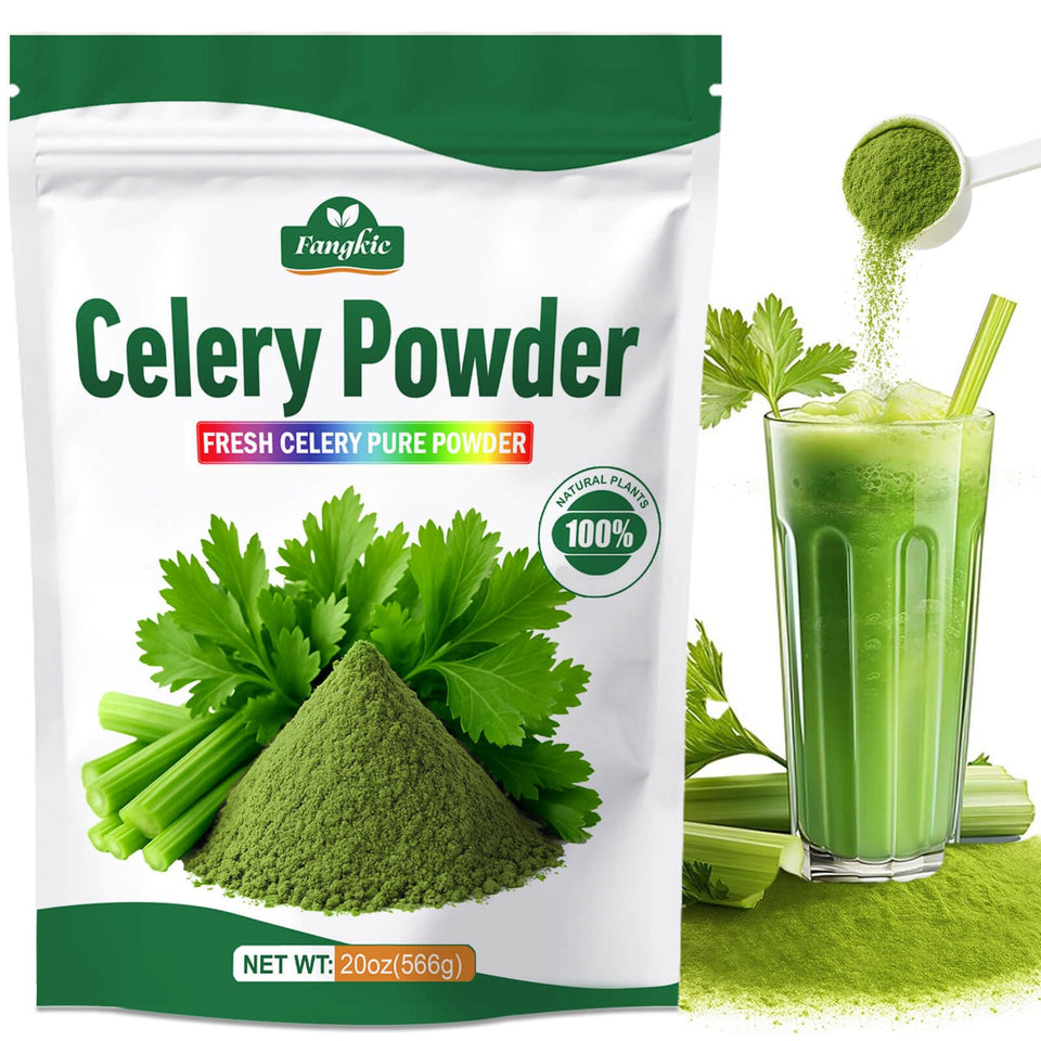 Fangkic Pure Celery Powder bottle with vibrant green powder ready for daily use.