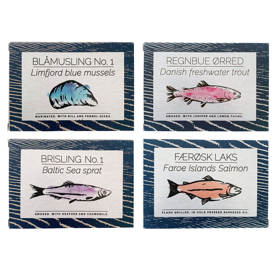 FANGST Brisling smoked sprat can on shelf, ideal for quick Nordic appetizers.