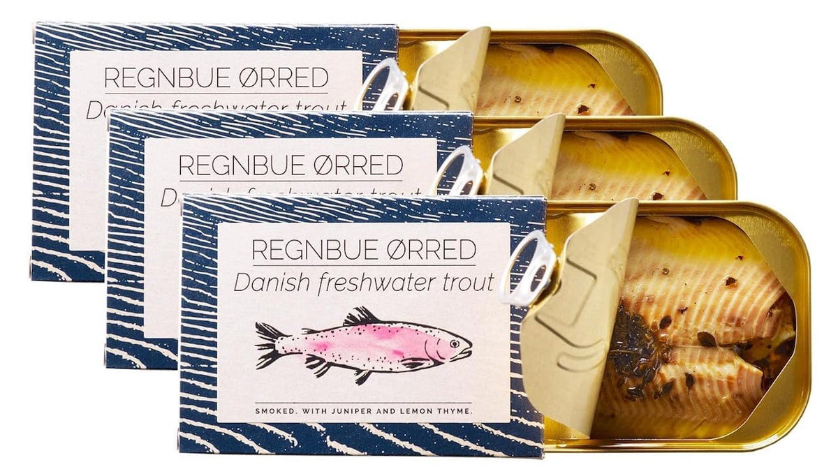FANGST Rainbow Trout tin 3x110g pack, convenient smoked seafood for quick meals.