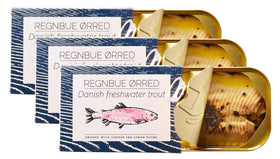 FANGST Rainbow Trout tin 3x110g pack, convenient smoked seafood for quick meals.