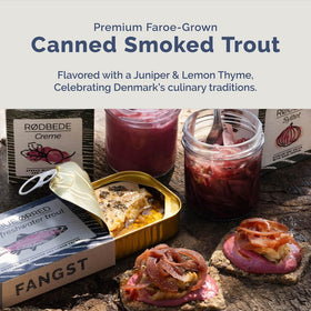FANGST Rainbow Trout tin label close-up, premium packaging for gifts.