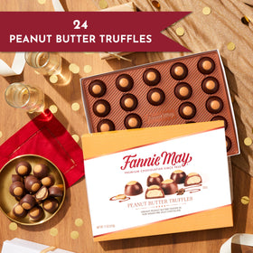 Fannie May buckeyes on serving plate for sharing at gatherings