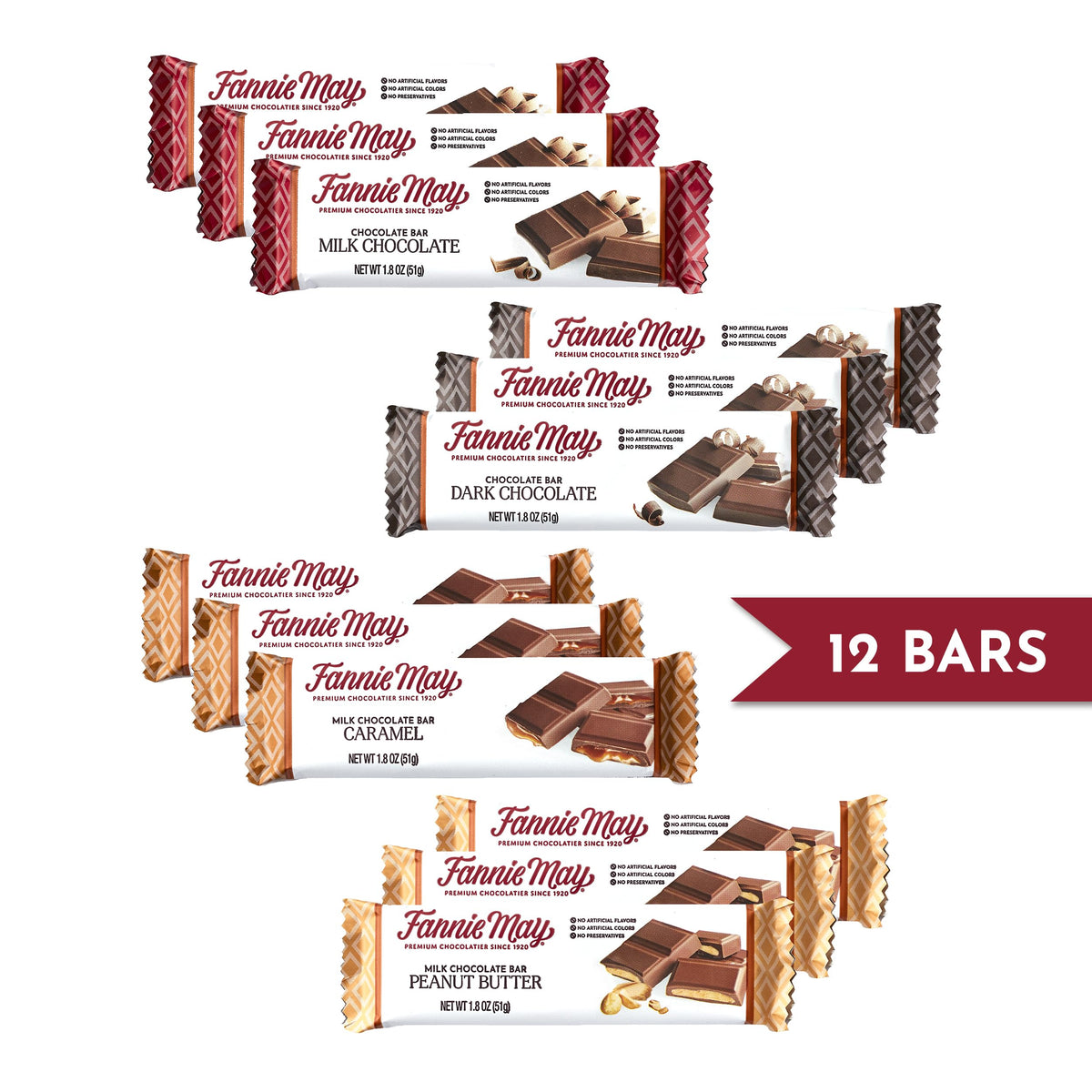 Fannie May dark chocolate bar delivers bold cocoa notes.
