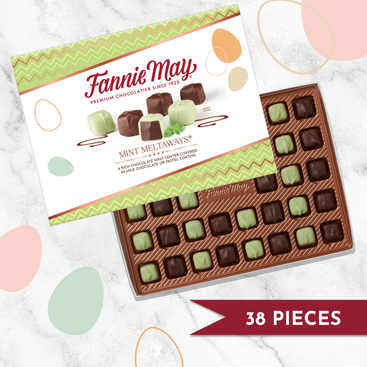 Fannie May Easter themed watercolor band wrap on the gift box