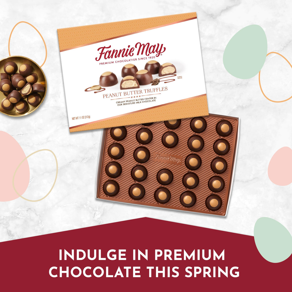 Fannie May buckeye with milk chocolate coating, glossy finish