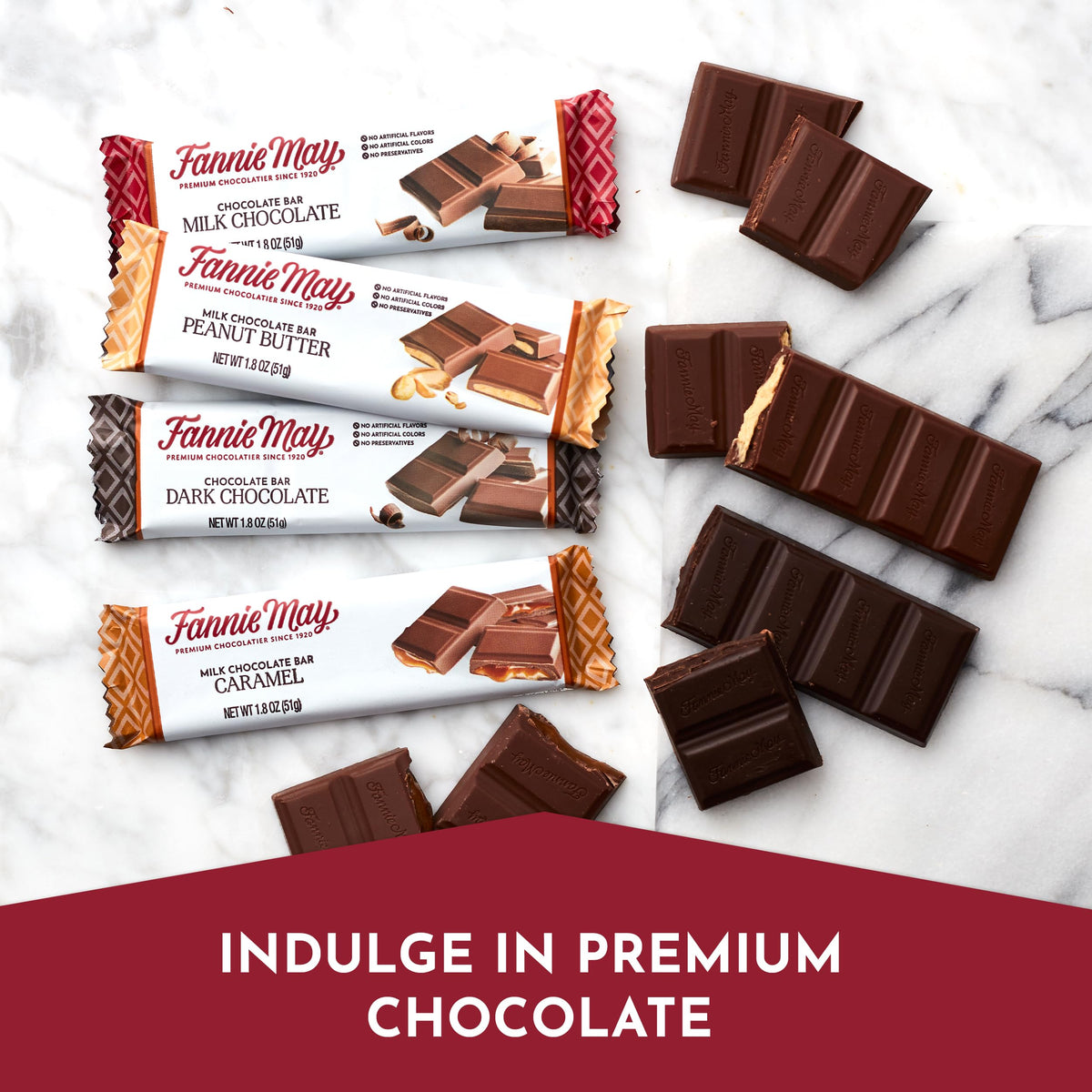 Fannie May milk chocolate peanut butter bar delivers creamy indulgence.