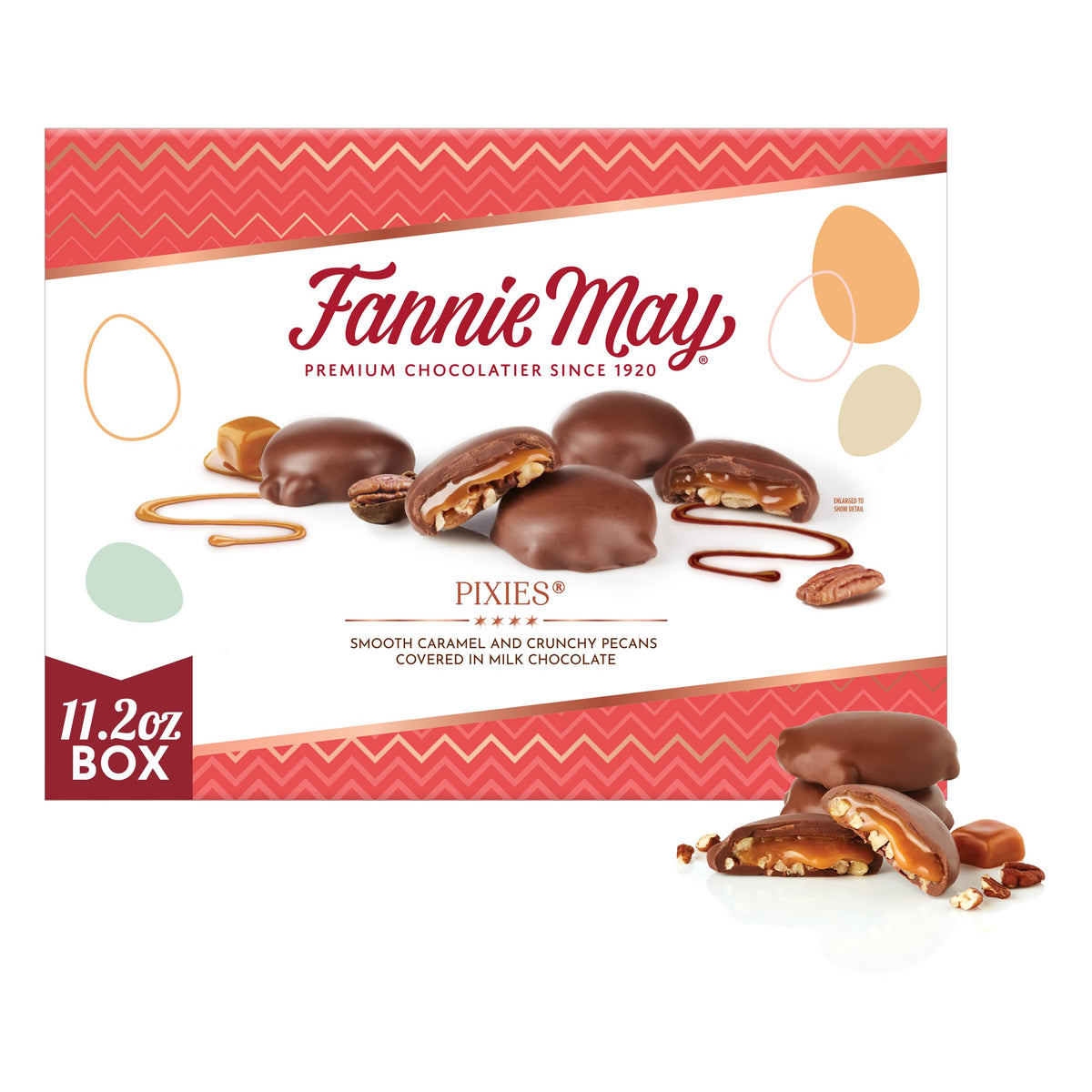 Fannie May Mini Pixies caramel pecan box viewed from above, great for parties.